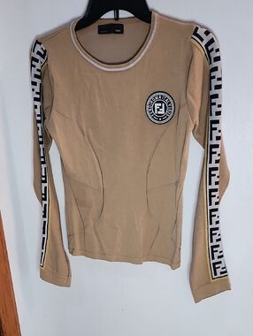 Authentic Fendi Beige Tan Logo-Trim Long Sleeve Top